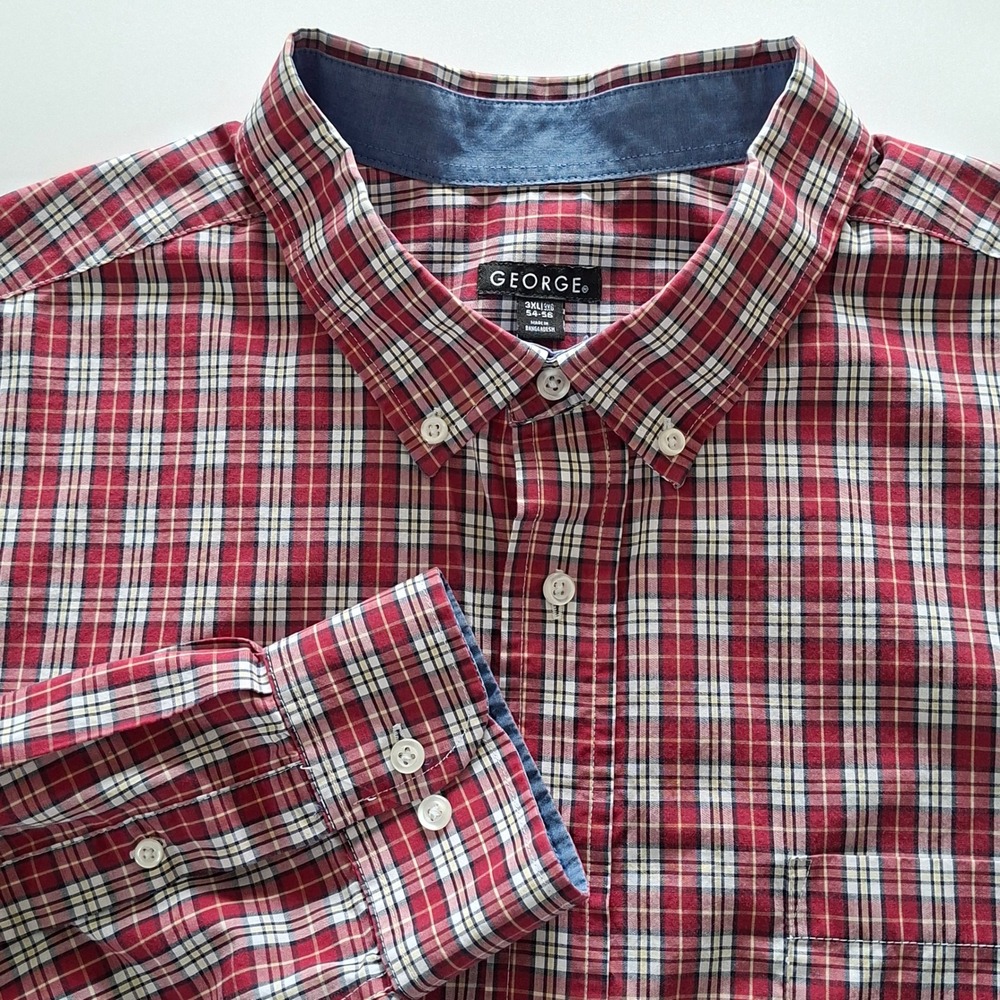 George Mens 3XL Red Berry Plaid Button Down Shirt Long Sleeve Cotton Blend 54-56